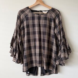 LC Lauren Conrad Plaid Ruffle-Sleeve Top - Black & Tan